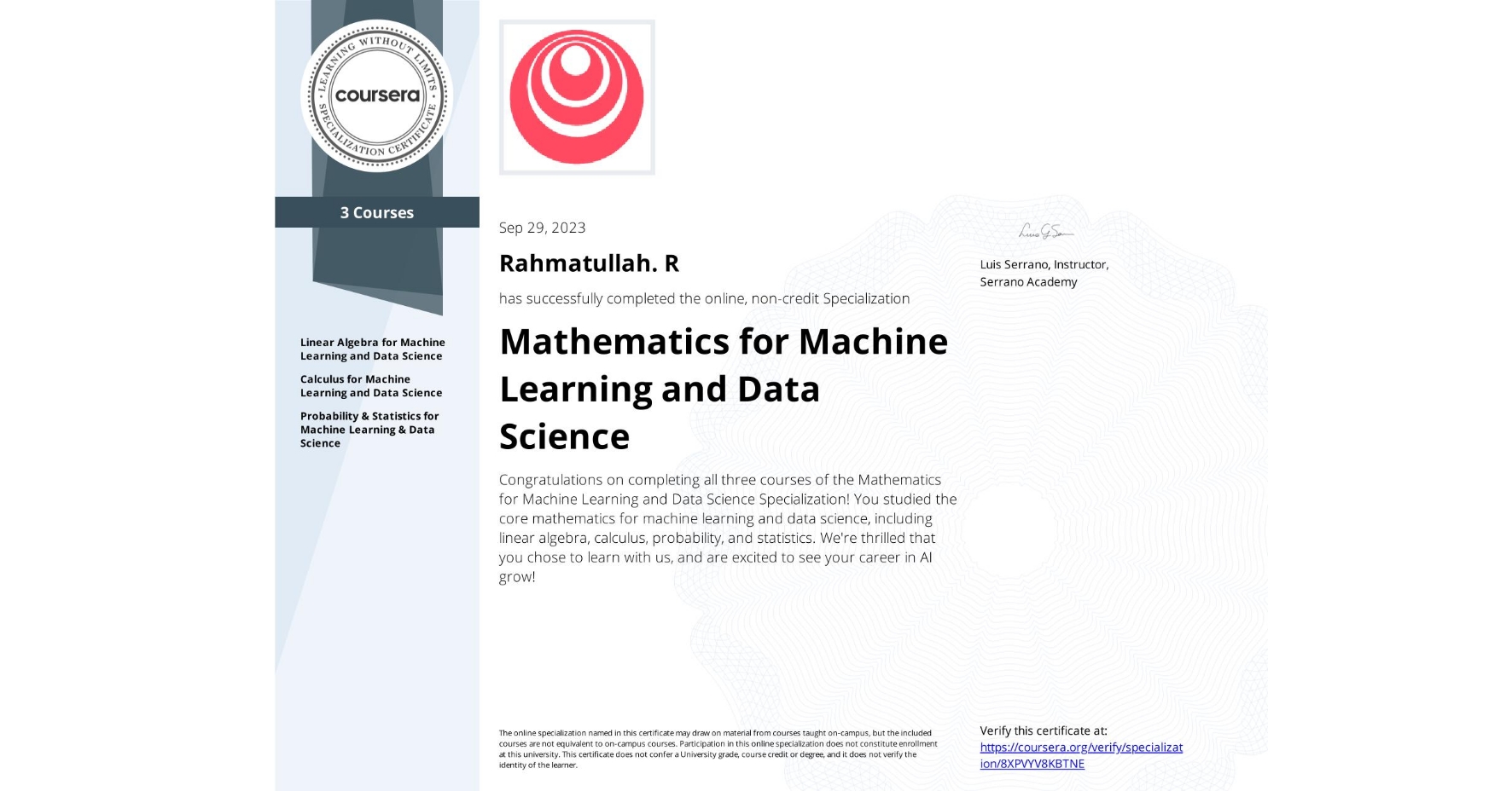 Mathematics for Machine Learning and Data Science
